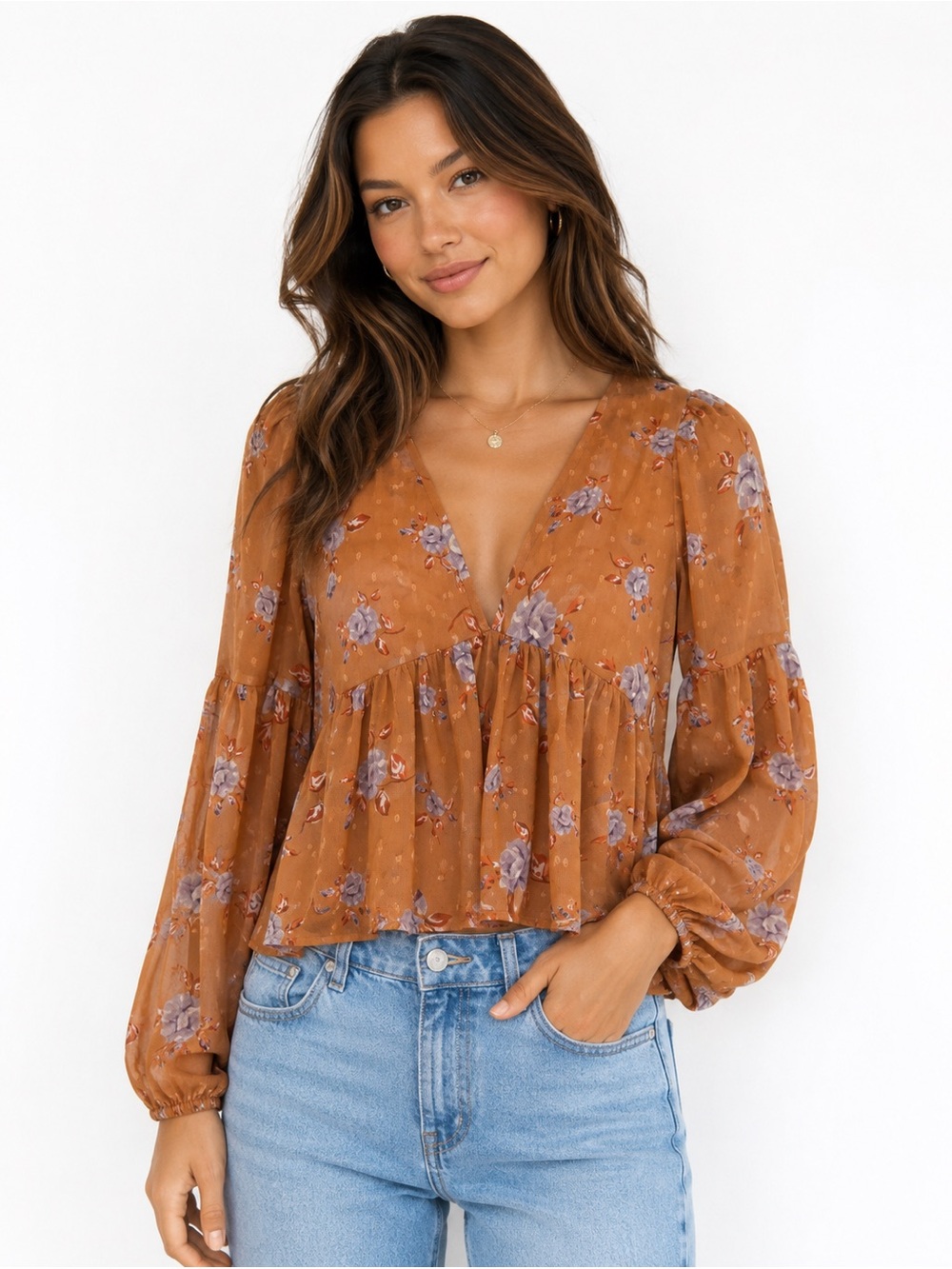 Forever 21 Sheer Smocked Floral Boho Babydoll Balloon Long sleeve Top, Size S
